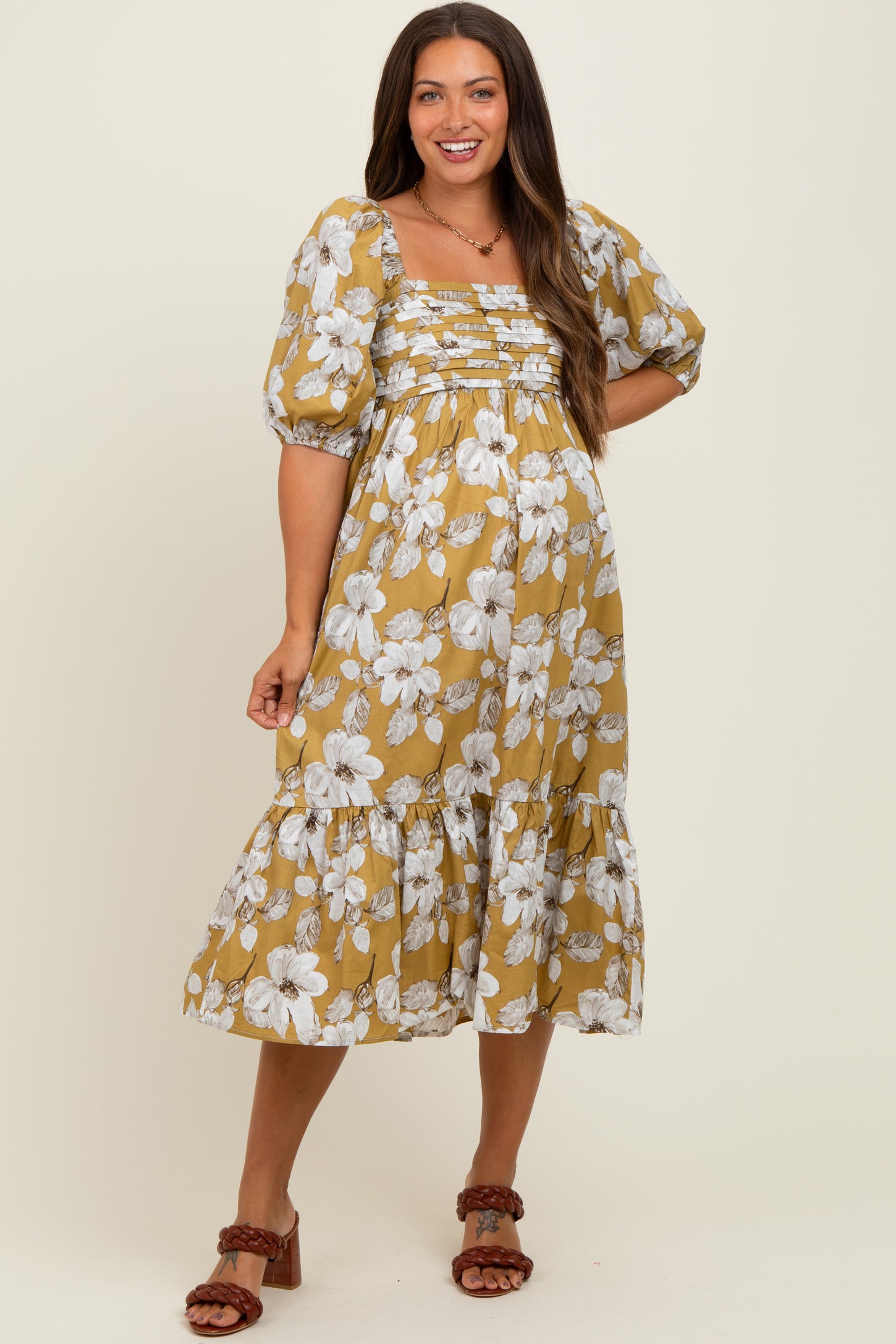 Olive Floral Pleated Bodice Maternity Midi Dress