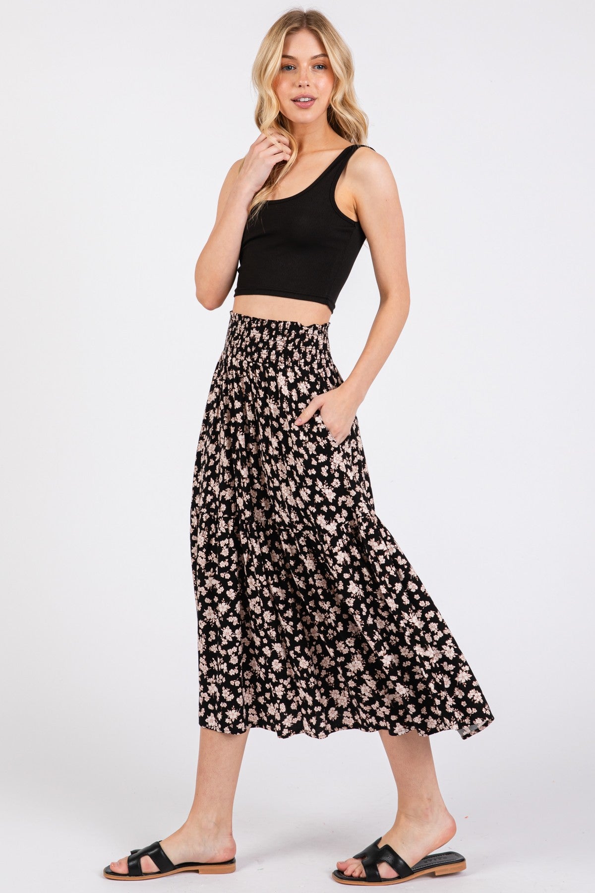 Black Floral Tiered Midi Skirt
