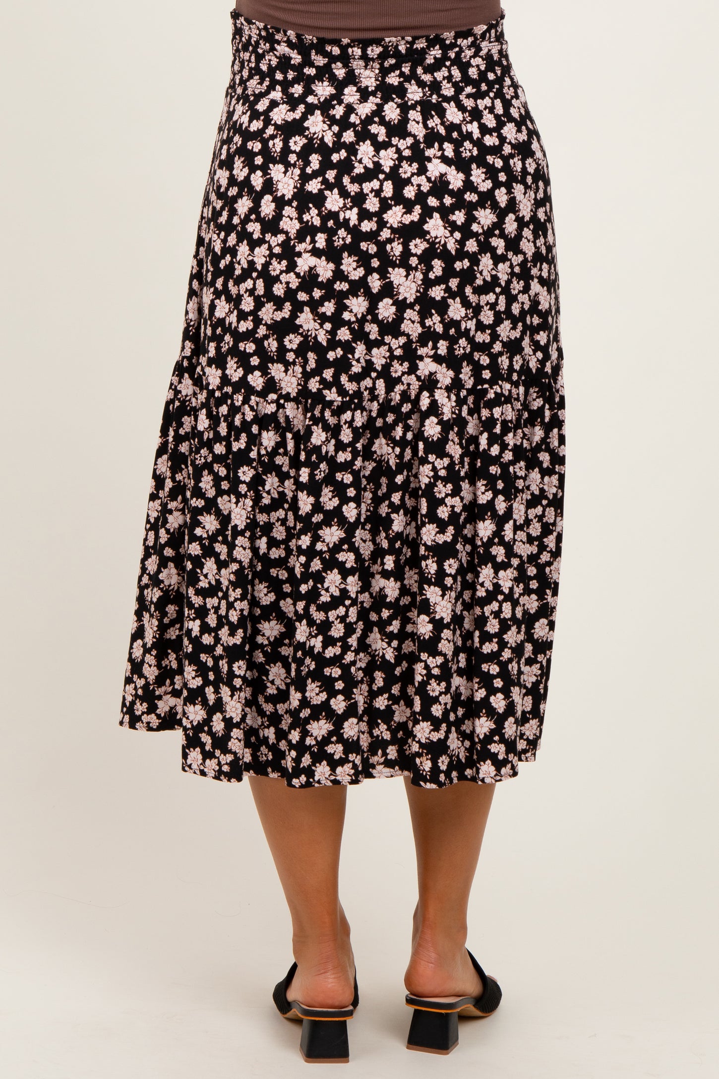 Black Floral Tiered Maternity Midi Skirt