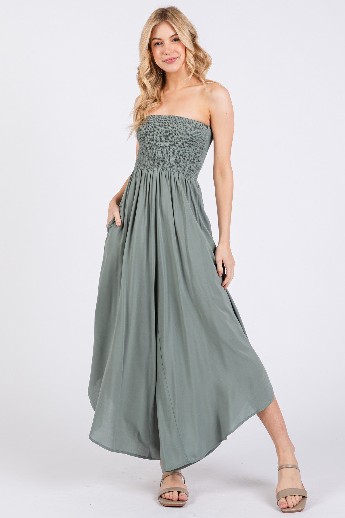 Light Olive Strapless Smocked Tulip Leg Maternity Jumpsuit