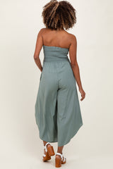 Light Olive Strapless Smocked Tulip Leg Maternity Jumpsuit