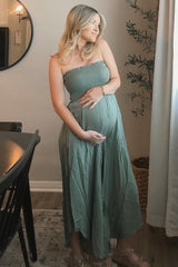 Light Olive Strapless Smocked Tulip Leg Maternity Jumpsuit