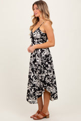 Black Tropical Floral Front Cinch Tie Midi Dress