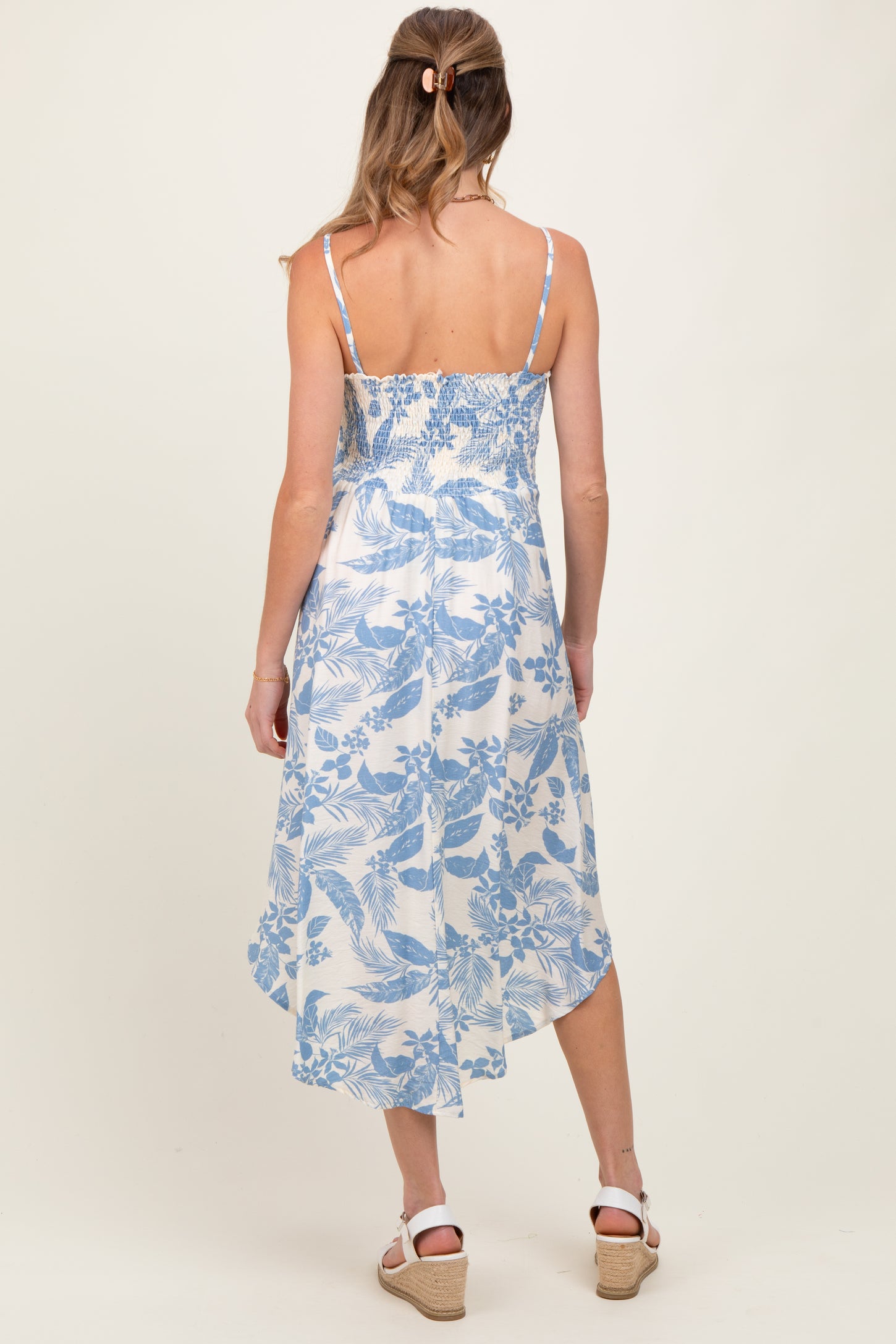 Light Blue Tropical Floral Front Cinched Tie Maternity Midi Dress