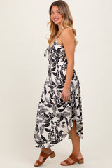 Black Tropical Floral Front Cinched Tie Midi Dress