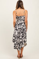 Black Tropical Floral Front Cinched Tie Midi Dress