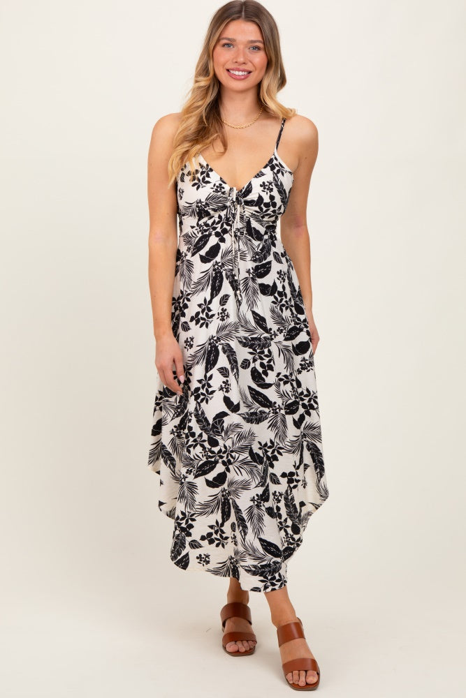 Black Tropical Floral Front Cinched Tie Maternity Midi Dress