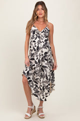 Black Tropical Floral Front Cinched Tie Maternity Midi Dress