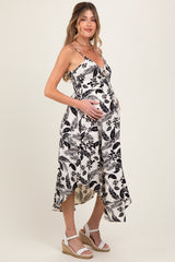 Black Tropical Floral Front Cinched Tie Maternity Midi Dress