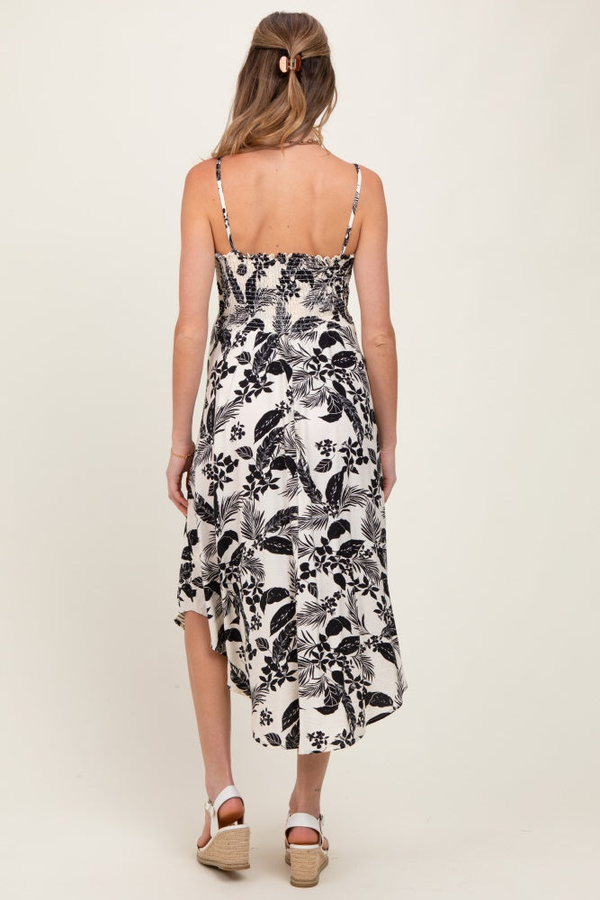Black Tropical Floral Front Cinched Tie Maternity Midi Dress
