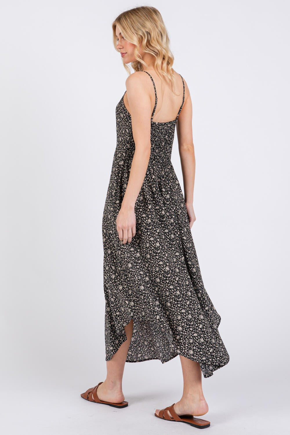 Black Floral Cinched Front Tie Midi Dress