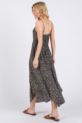 Black Floral Cinched Front Tie Midi Dress