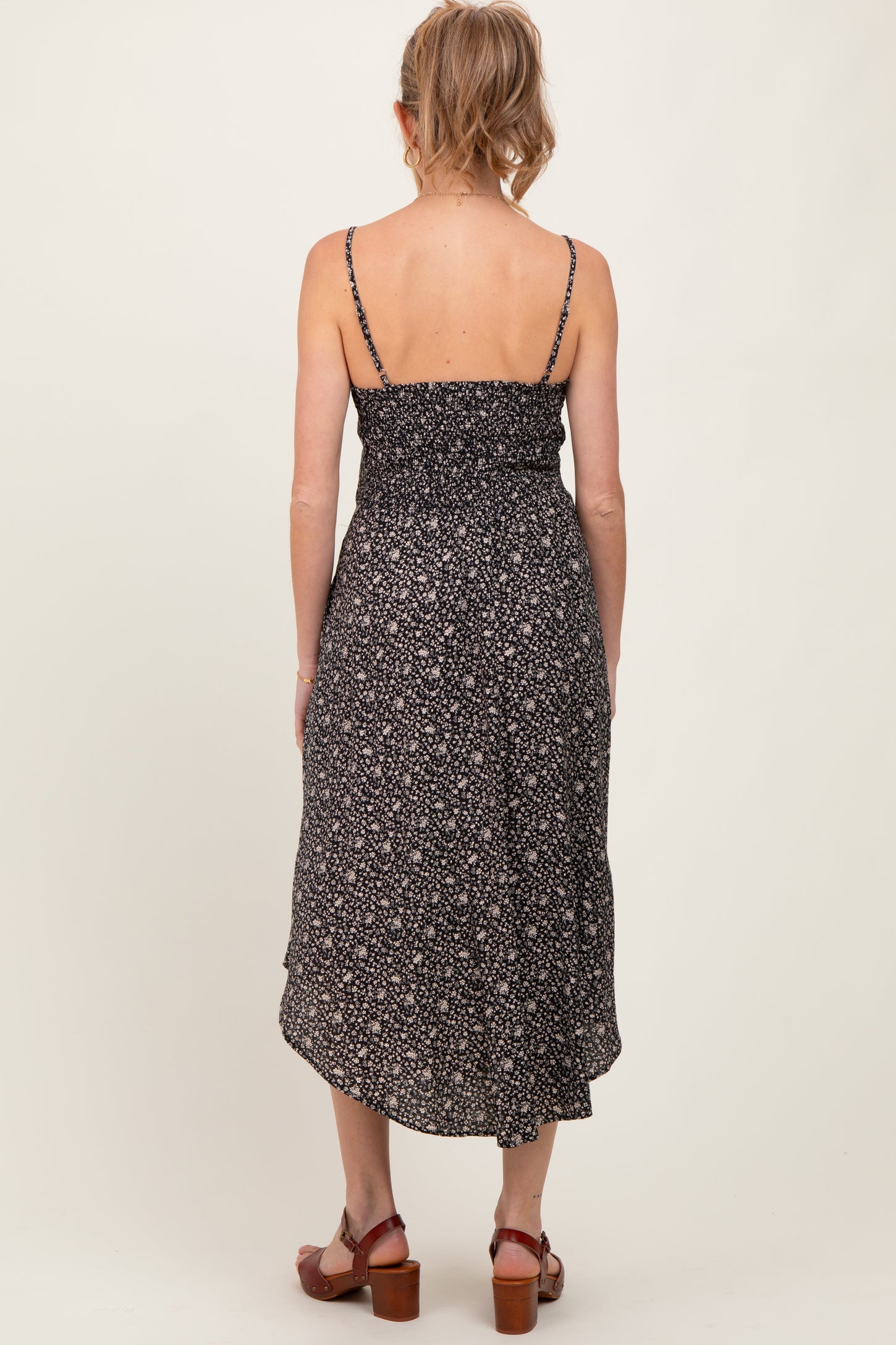 Black Floral Cinched Front Tie Maternity Midi Dress