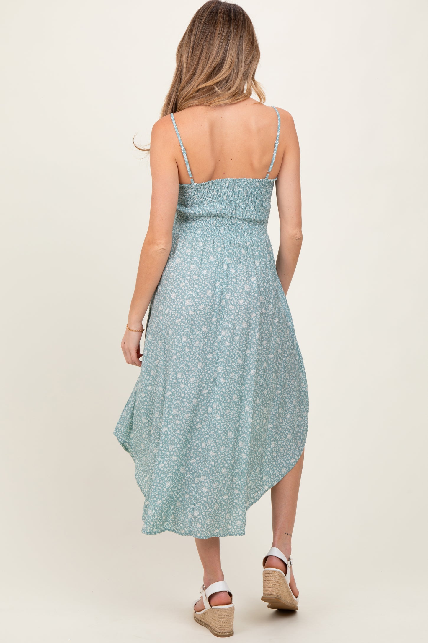 Mint Floral Cinched Front Tie Maternity Midi Dress