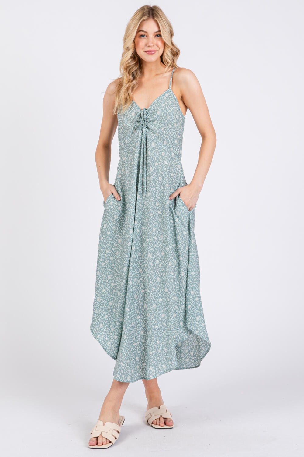 Mint Floral Cinched Front Tie Midi Dress