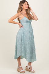 Mint Floral Cinched Front Tie Maternity Midi Dress