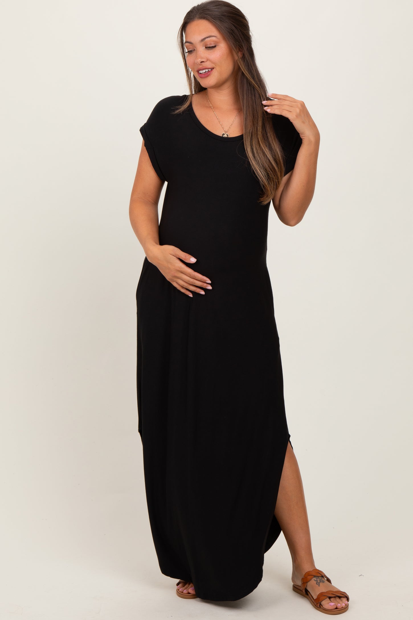 Black Round Hem Side Slit Maternity Maxi Dress