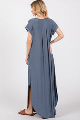 Blue Round Hem Side Slit Maxi Dress