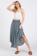 Blue Floral Smocked Waist Maternity Midi Skirt