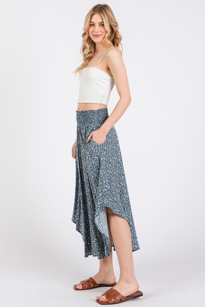 Blue Floral Smocked Waist Midi Skirt