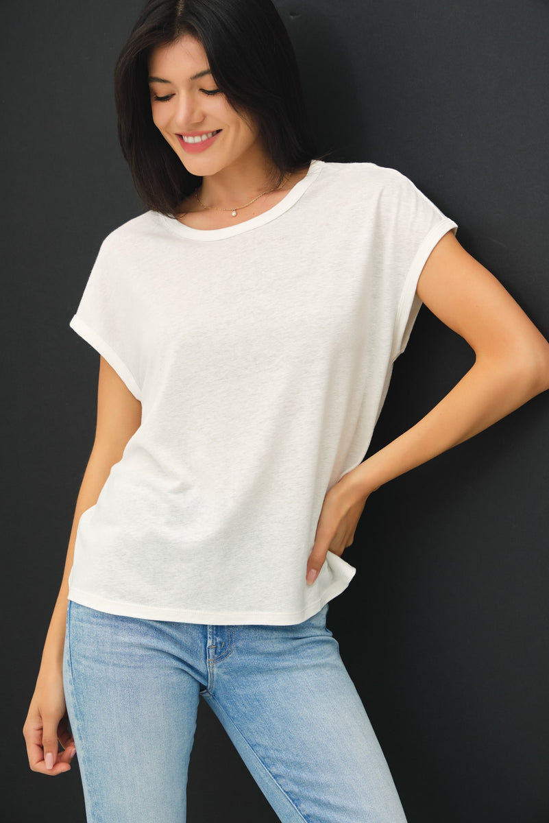White Linen Blend Short Sleeve Tee – PinkBlush