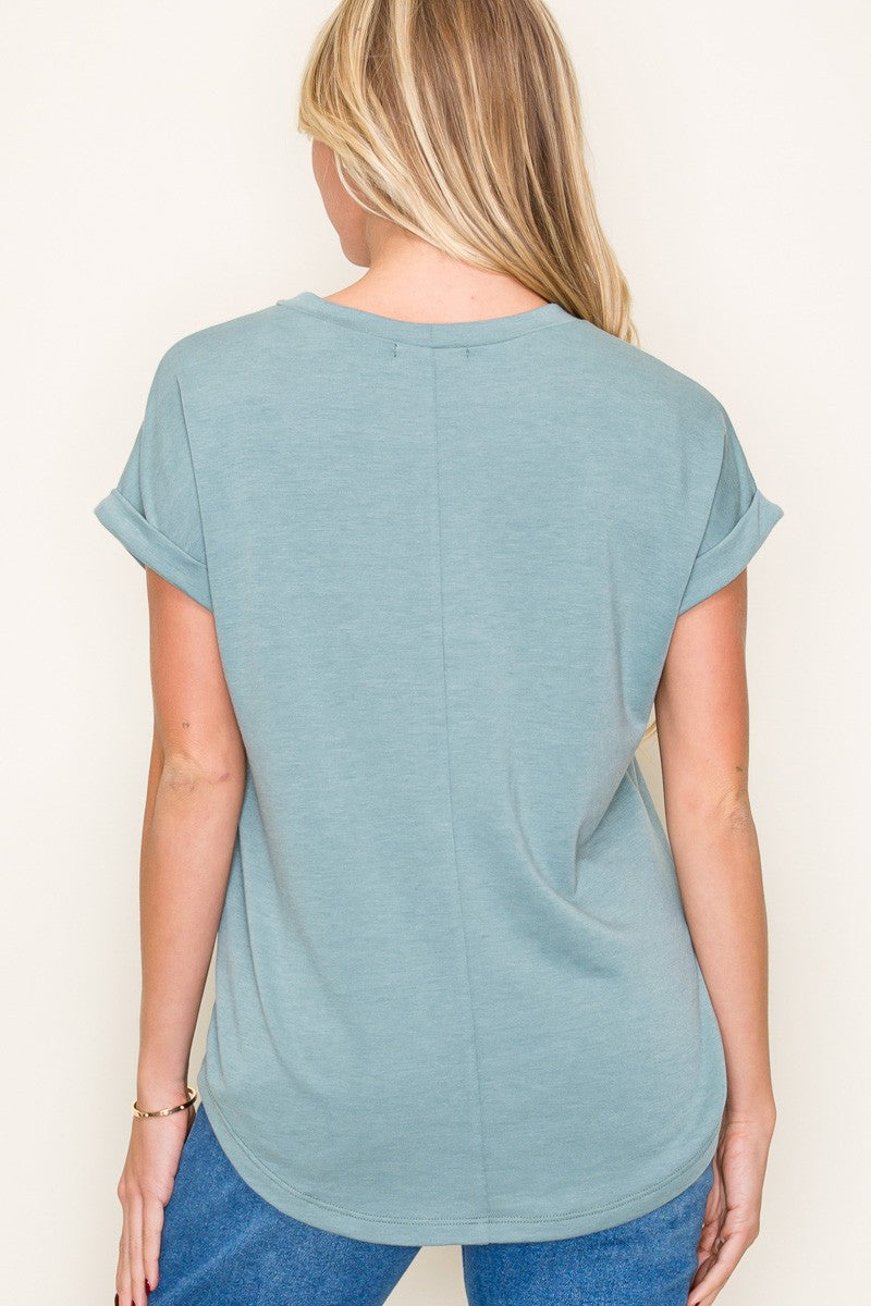 Light Olive Rolled Cuff Short Sleeve Top