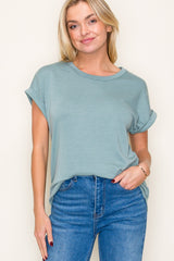 Light Olive Rolled Cuff Short Sleeve Top