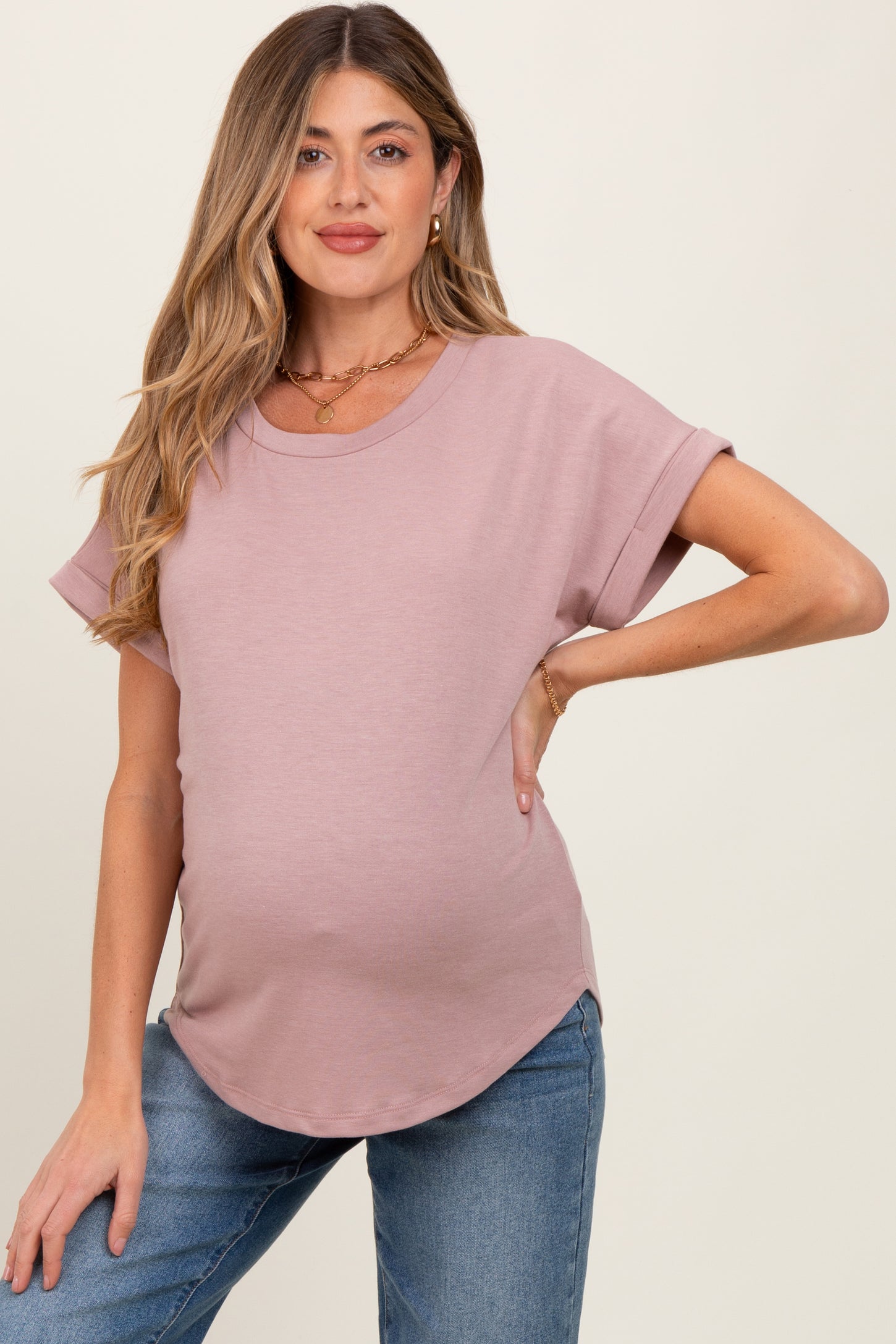 Light Mauve Rolled Cuff Short Sleeve Maternity Top