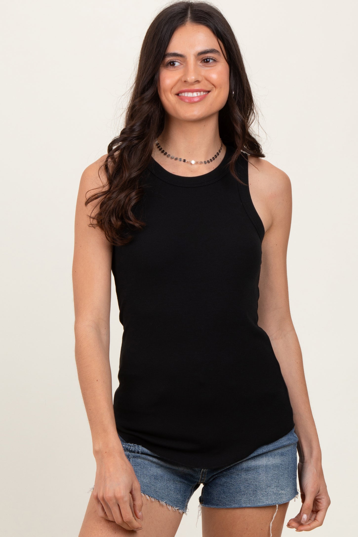 Black Ribbed Basic Crew Neck Tank