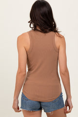 Camel Ribbed Basic Crew Neck Tank