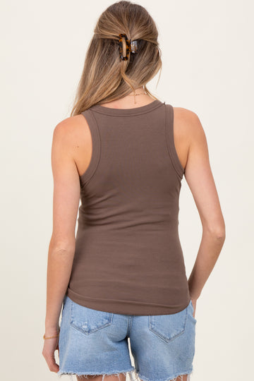 Mocha Ribbed Basic Crew Neck Maternity Tank