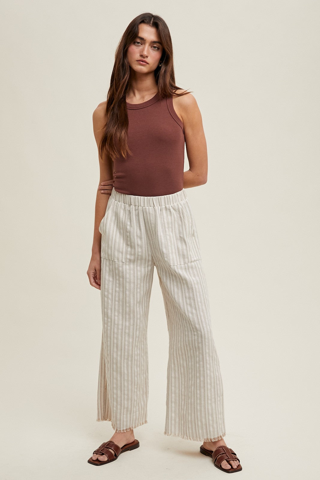 Brown Ribbed Basic Crew Neck Tank