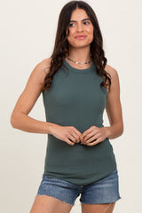 Olive Ribbed Basic Crew Neck Tank