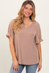 Mocha Relaxed Ruffle Detail Short Sleeve Maternity Top
