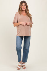 Mocha Relaxed Ruffle Detail Short Sleeve Maternity Top