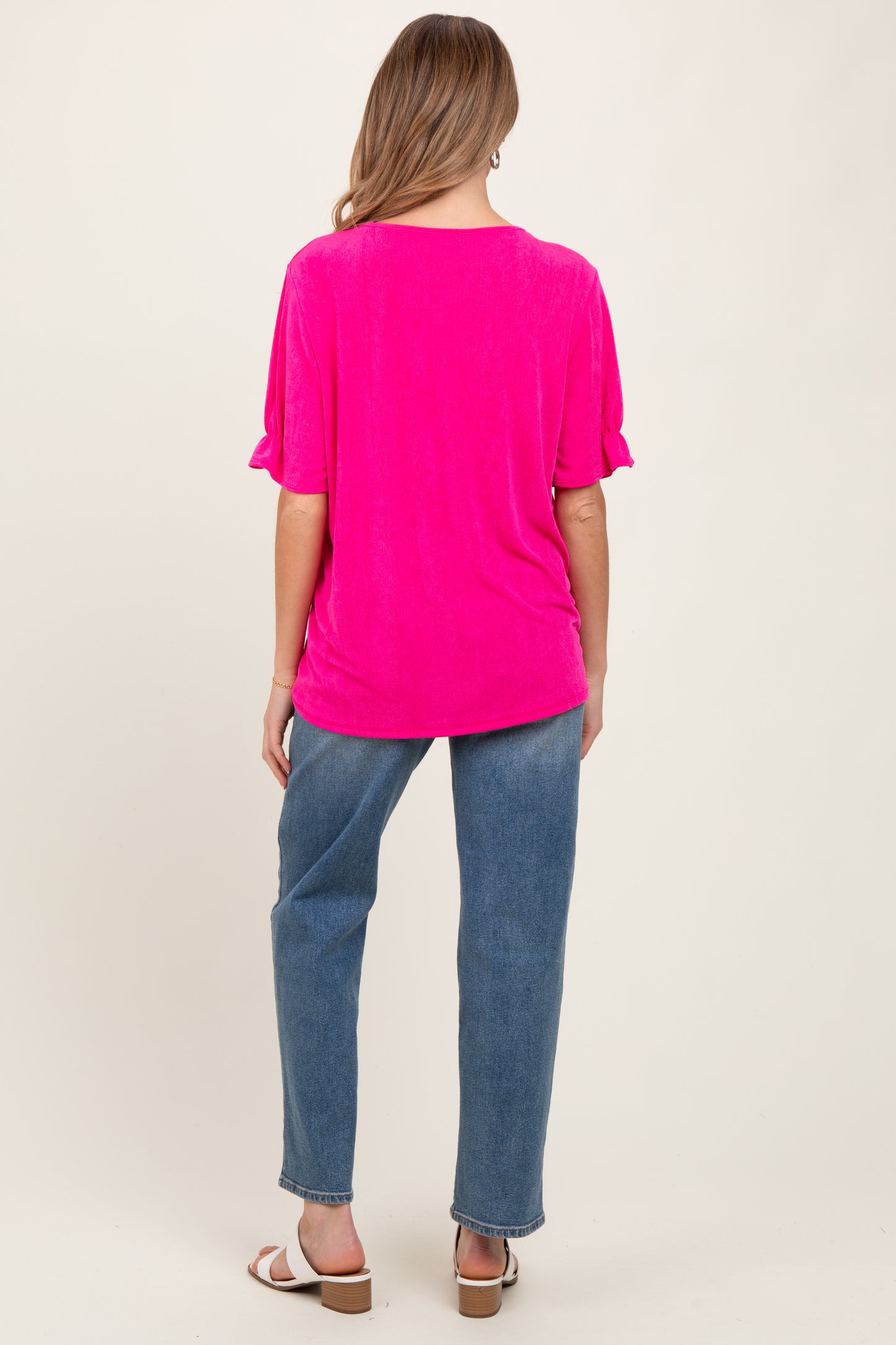 Pink Relaxed Ruffle Detail Short Sleeve Maternity Top