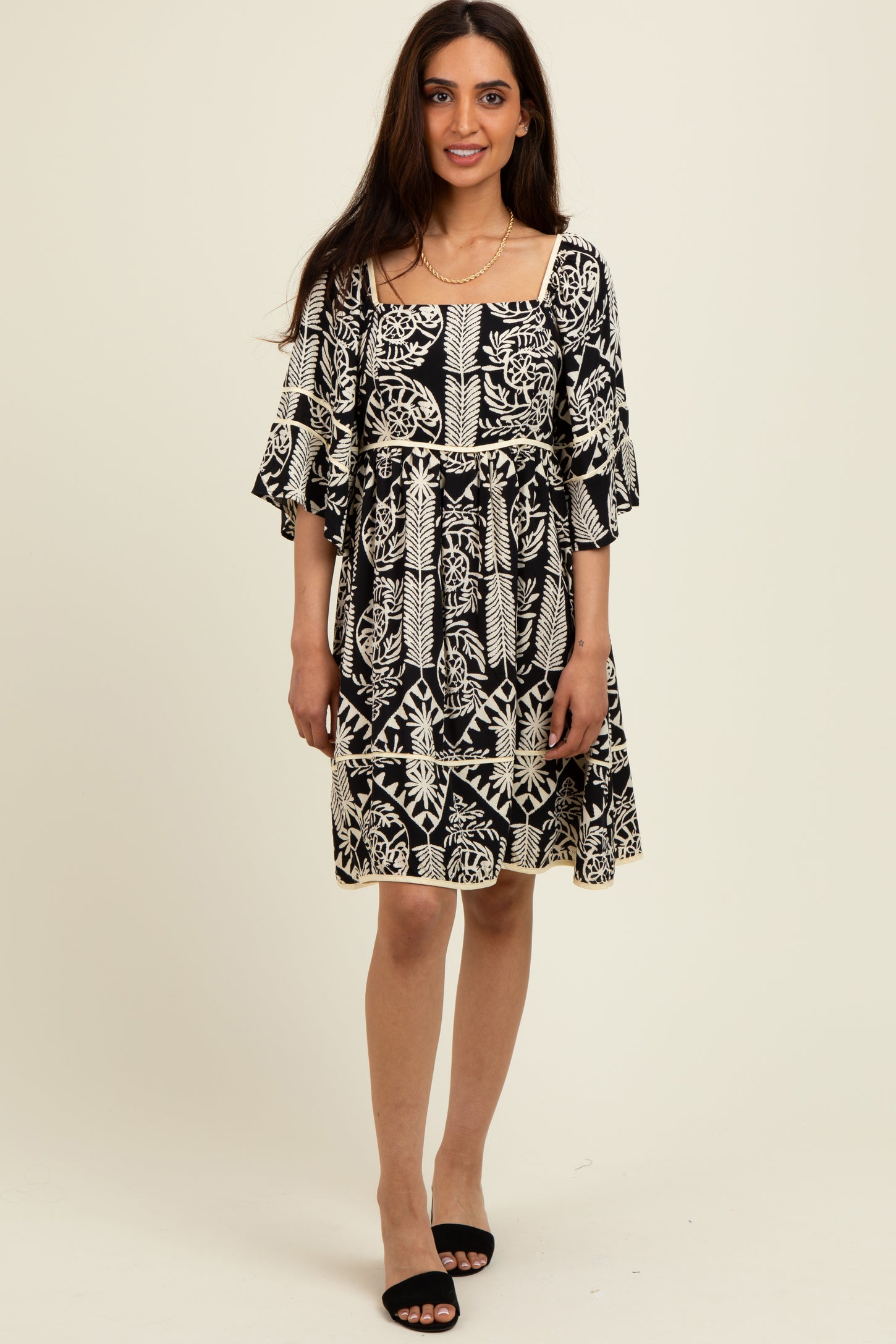 Black Printed Tie Back Contrast Trim Maternity Dress