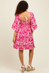 Fuchsia Printed Tie Back Contrast Trim Maternity Dress