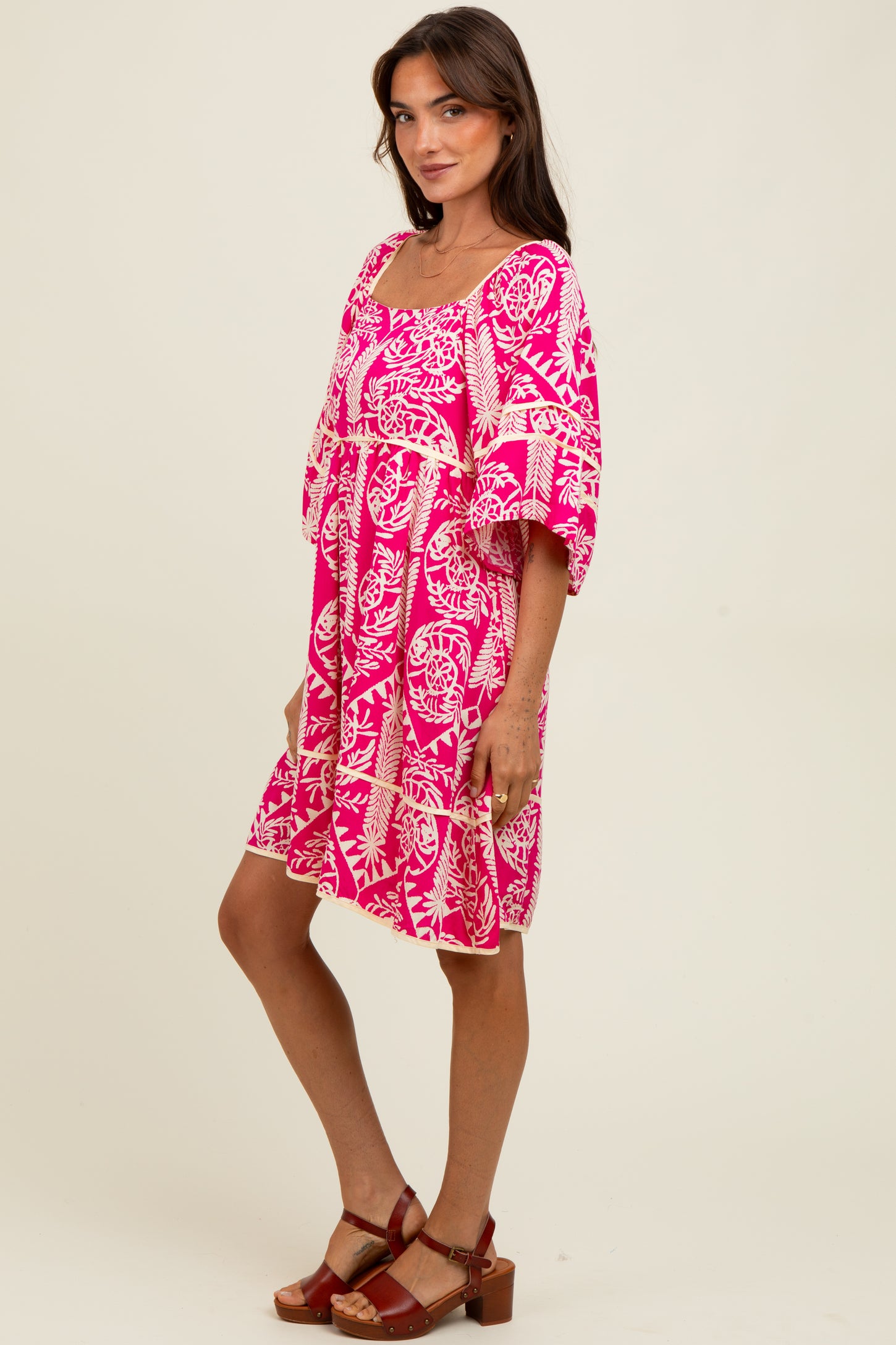 Fuchsia Printed Tie Back Contrast Trim Dress