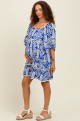 Royal Blue Printed Tie Back Contrast Trim Maternity Dress