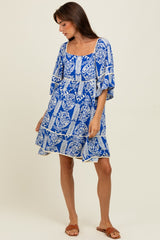 Royal Blue Printed Tie Back Contrast Trim Dress