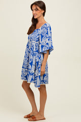 Royal Blue Printed Tie Back Contrast Trim Dress