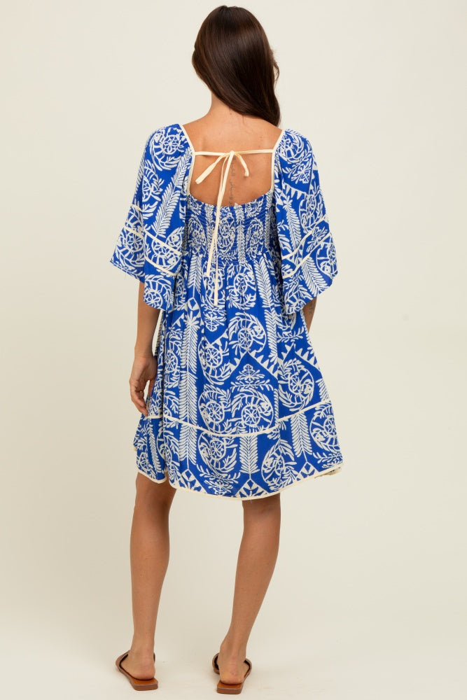 Royal Blue Printed Tie Back Contrast Trim Dress