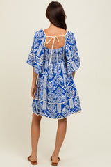 Royal Blue Printed Tie Back Contrast Trim Dress