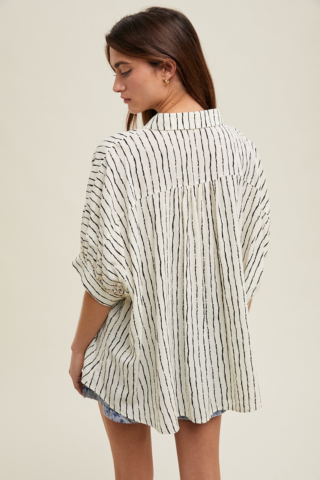 Ivory Striped Drop Shoulder Button Down Blouse
