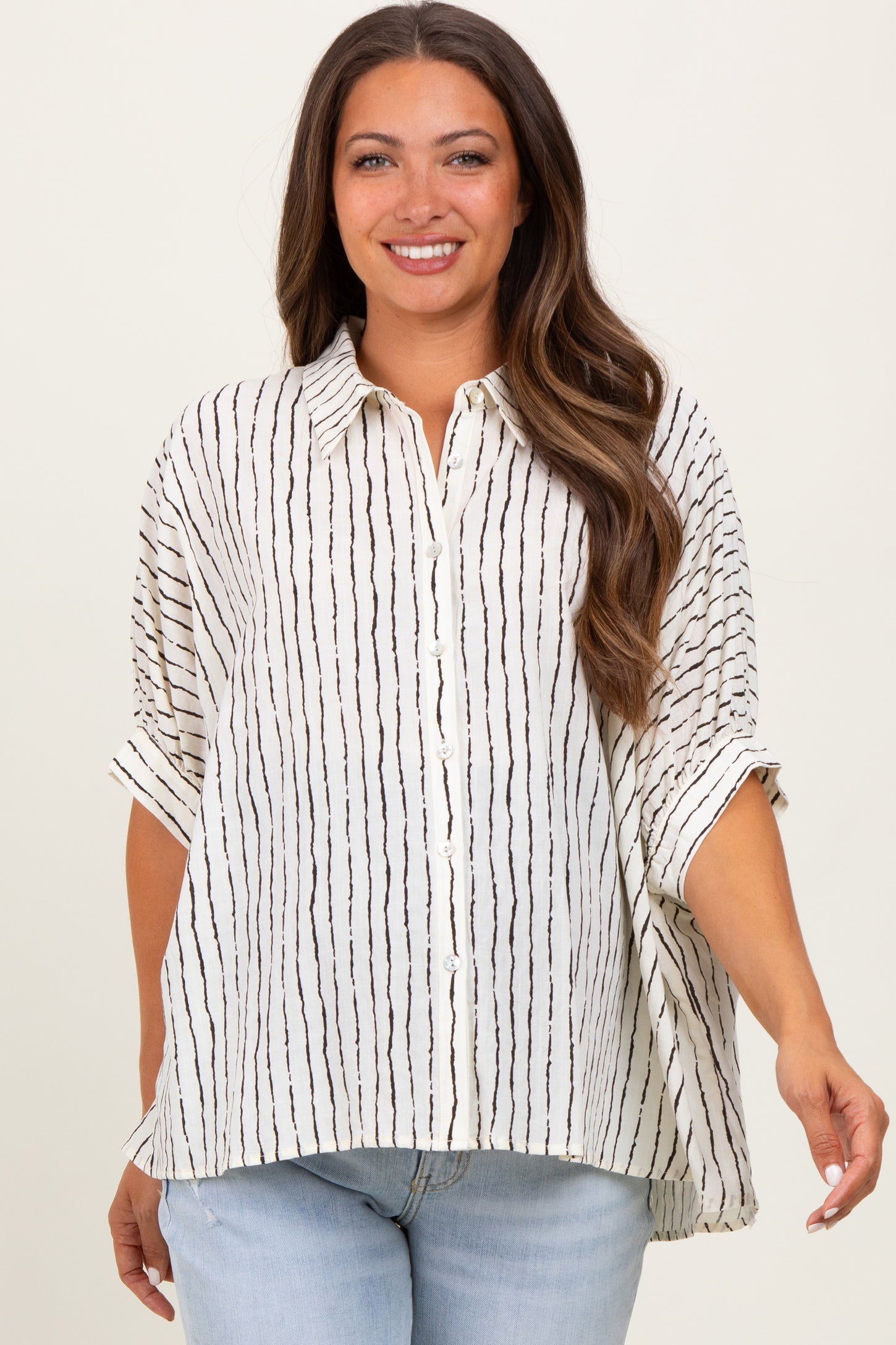 Ivory Striped Drop Shoulder Button Down Maternity Blouse