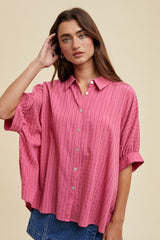 Fuchsia Striped Drop Shoulder Button Down Blouse