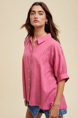 Fuchsia Striped Drop Shoulder Button Down Blouse