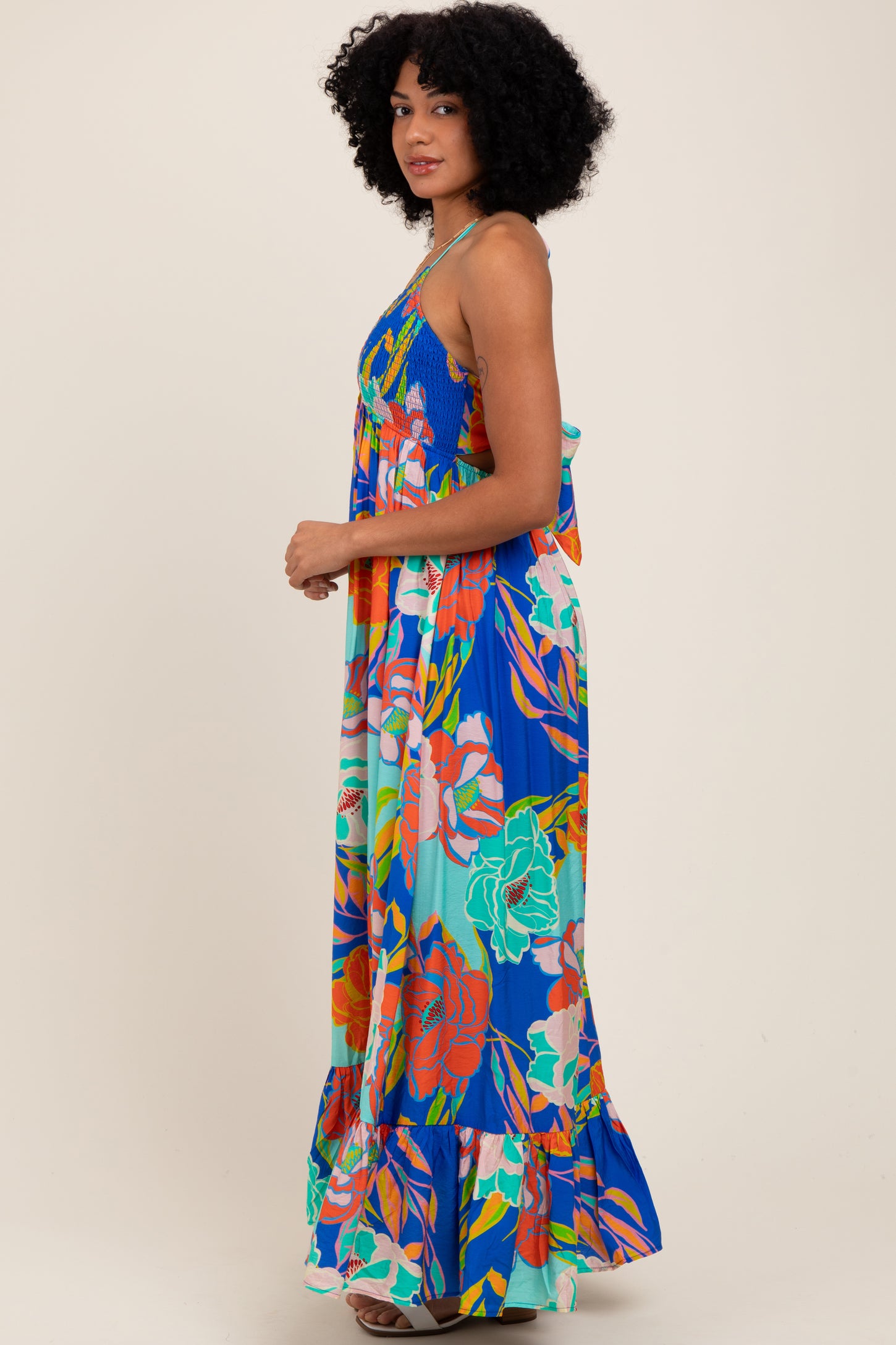 are halter dresses in style White & Blue Floral Halter Maxi Dress - All Dresses