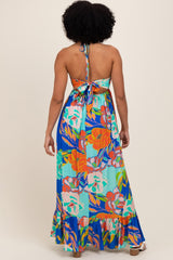 Royal Blue Floral Halter Cutout Tie Back Maxi Dress